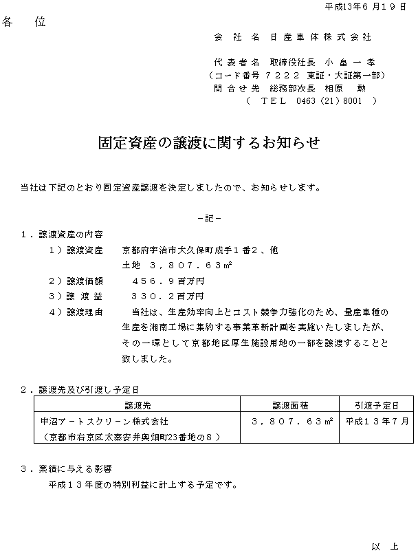 固定資産の譲渡に関するお知らせ