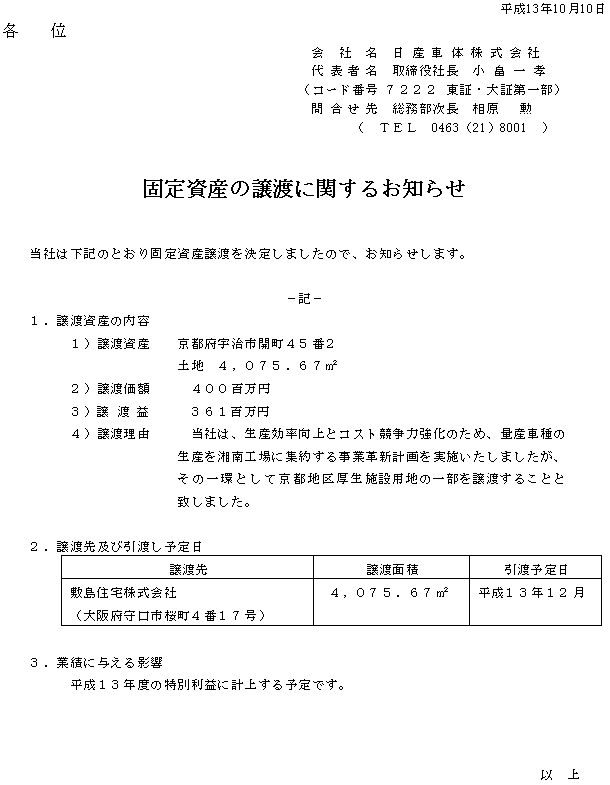 固定資産の譲渡に関するお知らせ